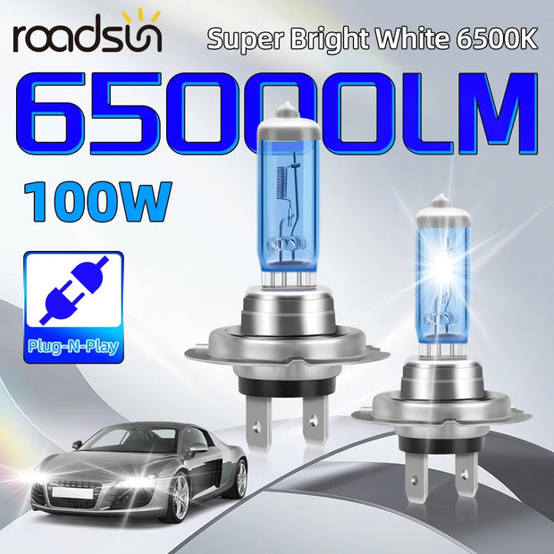 1 Pair 100W 12V Xenon Halogen Headlight Bulbs (6500K, 65000LM, Multi-Fit)