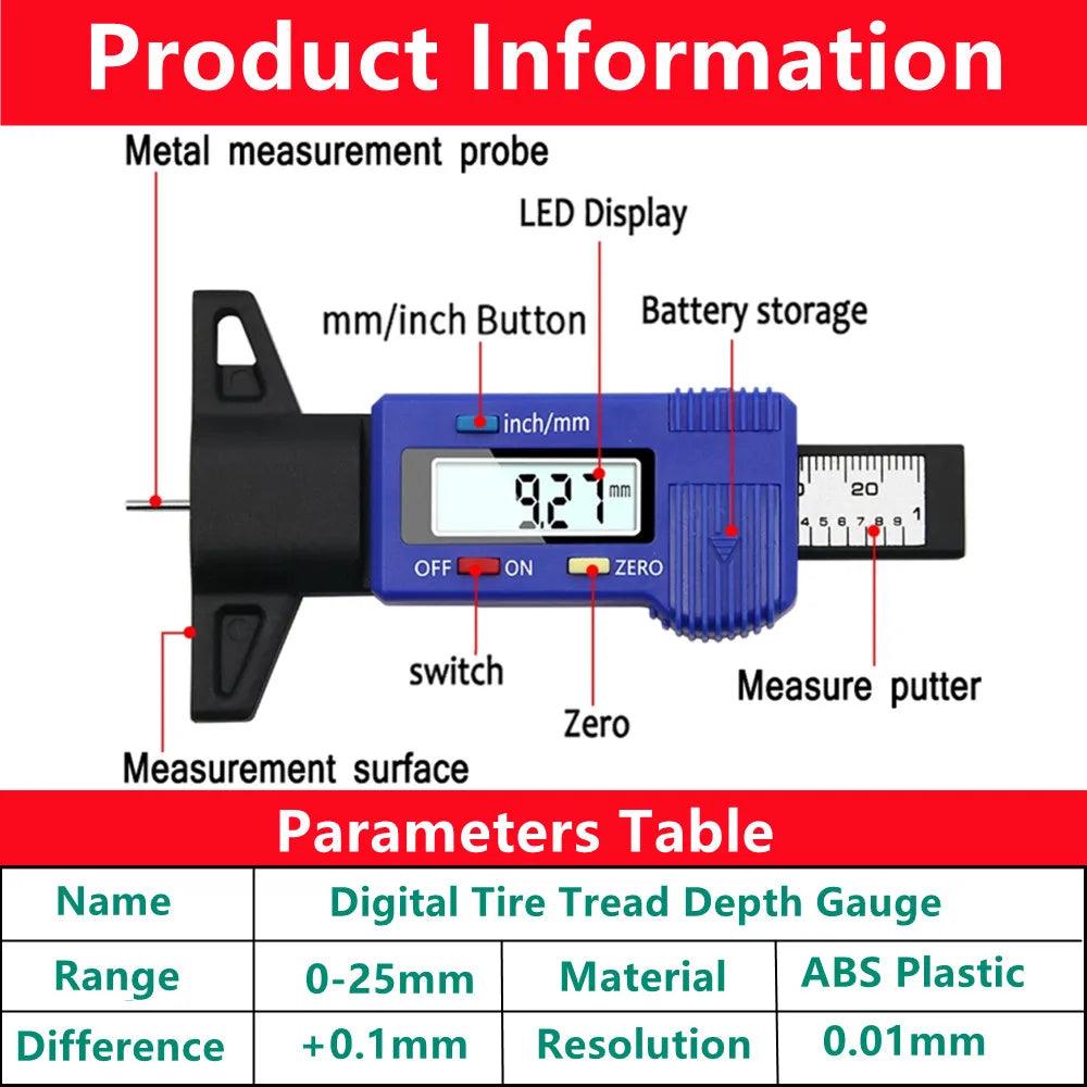 Digital tire profile measuring tool, LCD, mm/ inch, ABS, Portable