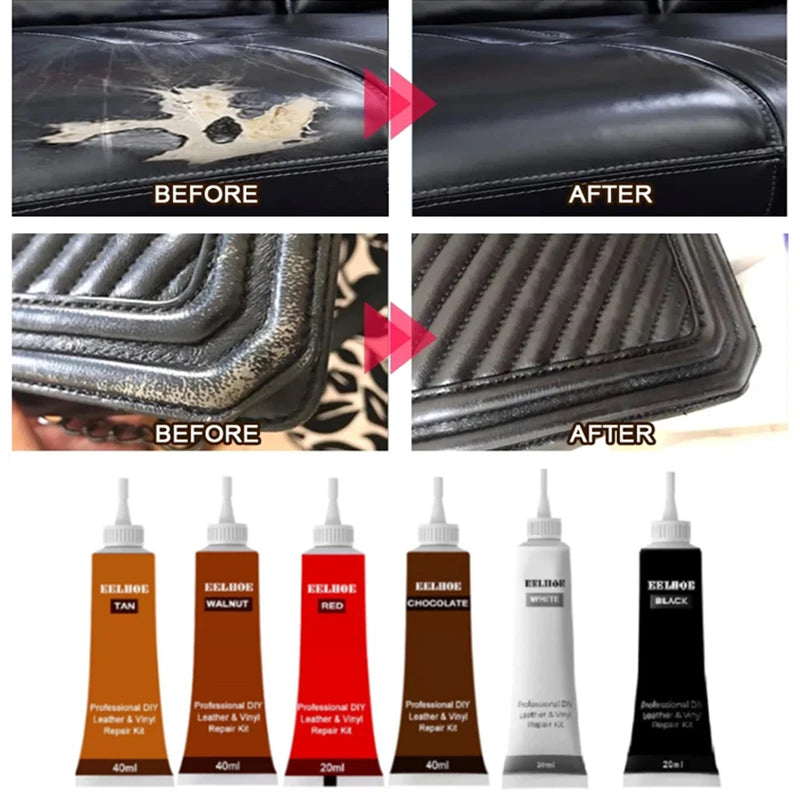 Before and after comparison of leather repair on a car seat, with Elvose leather dye bottles displayed.