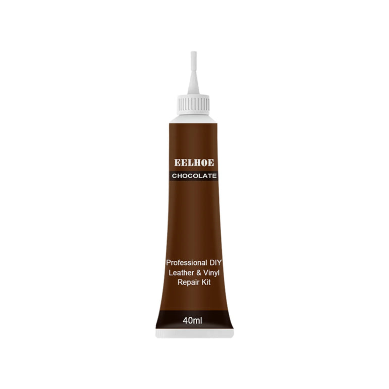 Brown tube of leather and vinyl repair kit with white cap on a white background