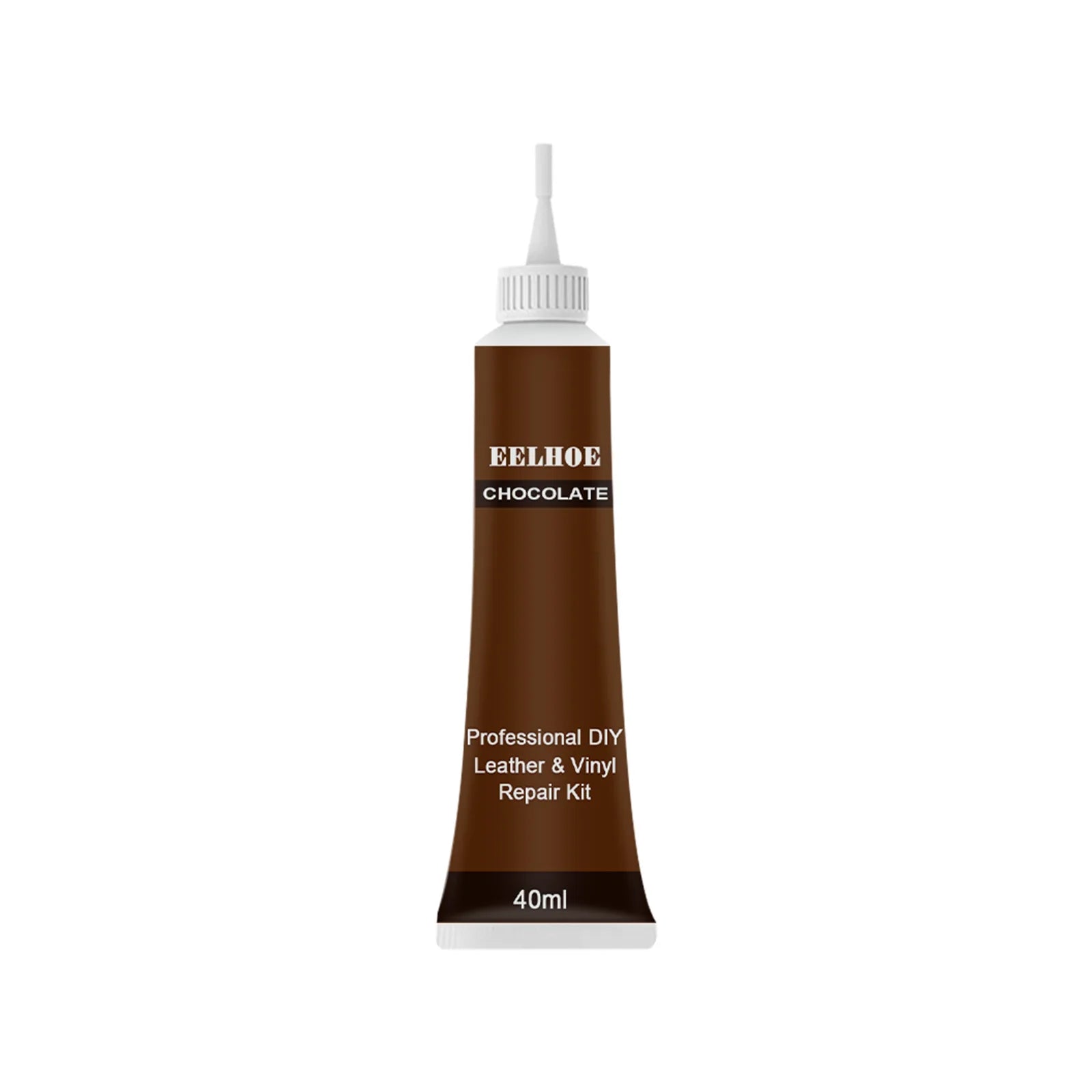 Brown tube of leather and vinyl repair kit with white cap on a white background