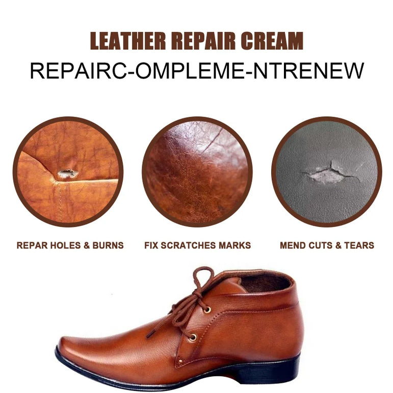 Advertisement for leather repair cream showing before-and-after effects on a brown leather shoe.