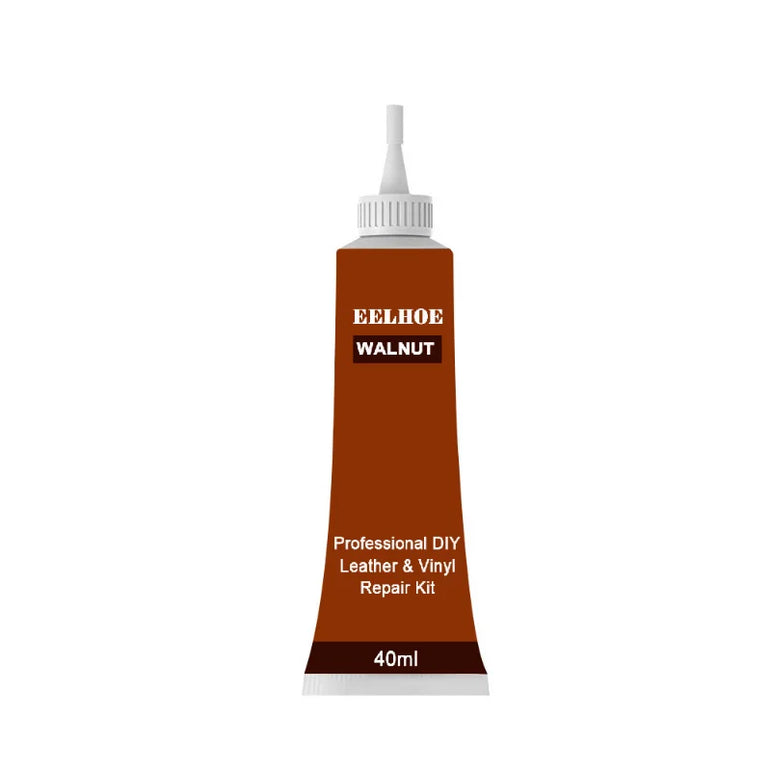 Brown tube of EELHOE leather and vinyl repair kit on a white background