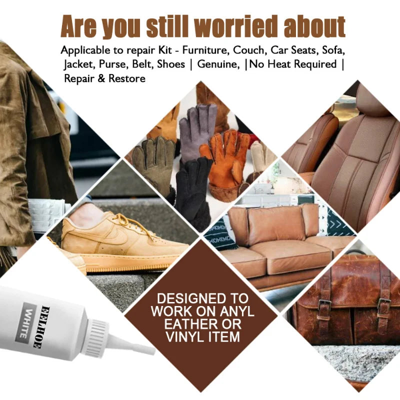 Advertisement for a repair kit applicable to various leather and vinyl items with images of shoes, gloves, and furniture.