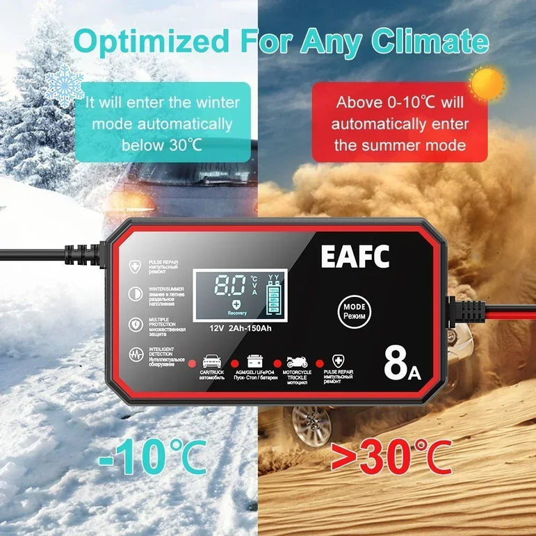 Încărcător inteligent de baterie auto 12V 8A, încărcător de baterie auto, reparare prin impulsuri, încărcător de baterie pentru motociclete și camioane, GEL, plumb-acid