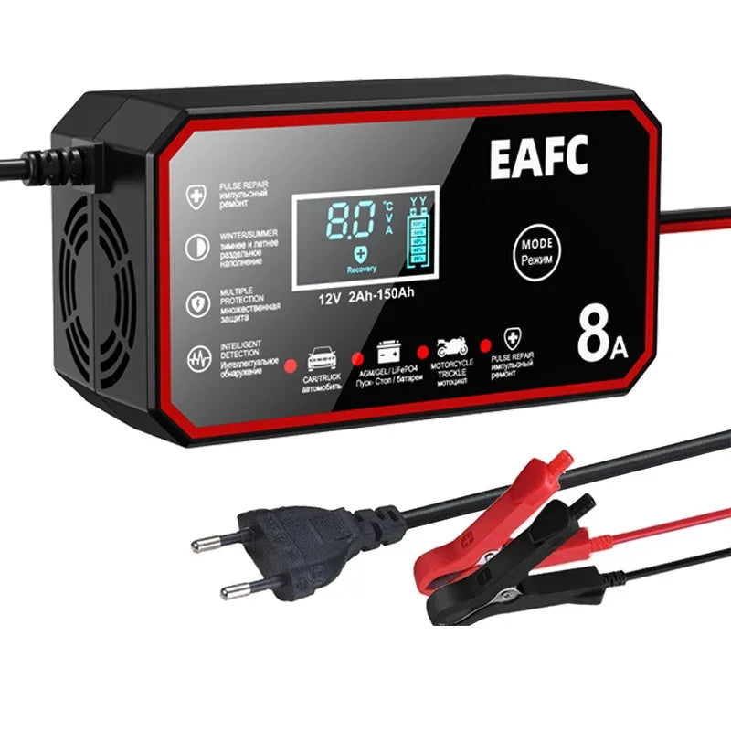Încărcător inteligent de baterie auto 12V 8A, încărcător de baterie auto, reparare prin impulsuri, încărcător de baterie pentru motociclete și camioane, GEL, plumb-acid