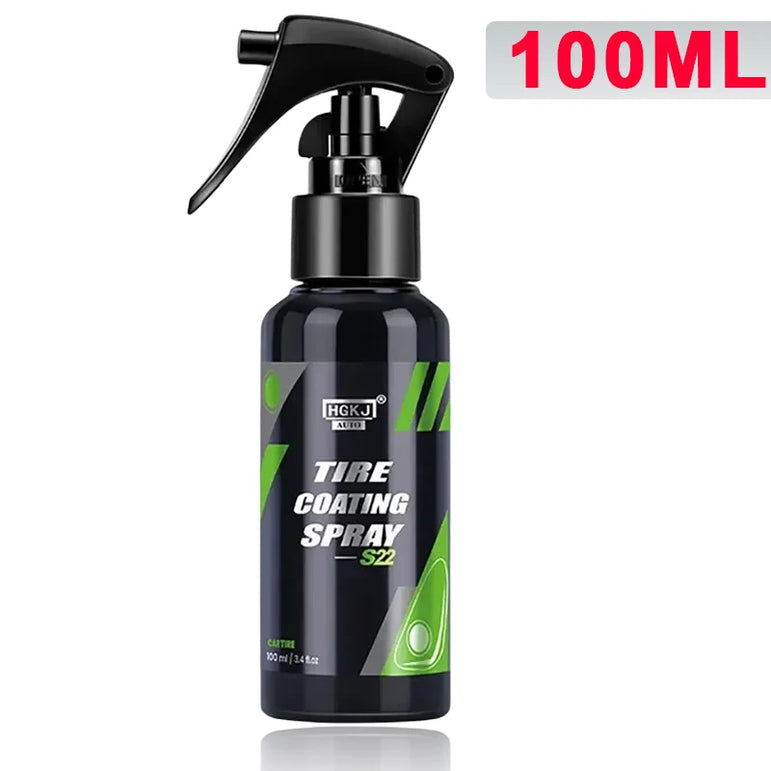 Black tire coating spray bottle with green accents on a white background, labeled '100ML'.