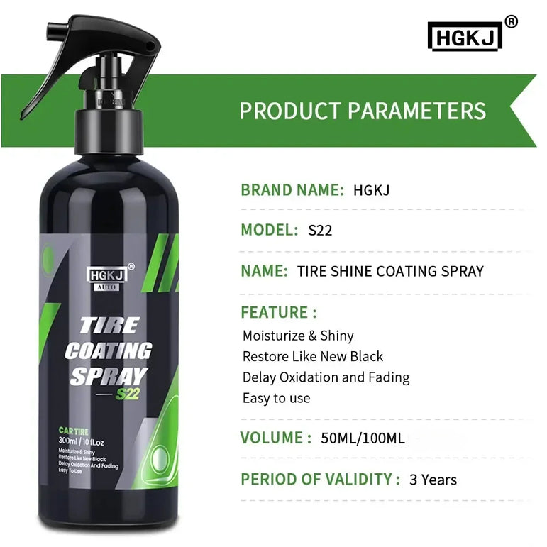 Tire coating spray bottle with HGKJ branding and product parameters on a white background