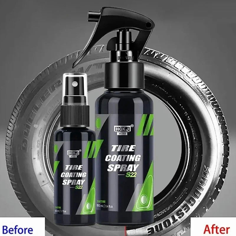 Tire coating spray bottles with a tire background, showing 'Before' and 'After' effects.