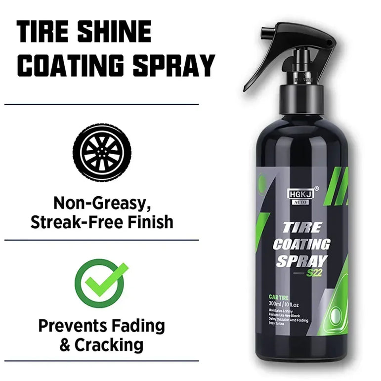 Tire shine coating spray bottle with features listed on a white background