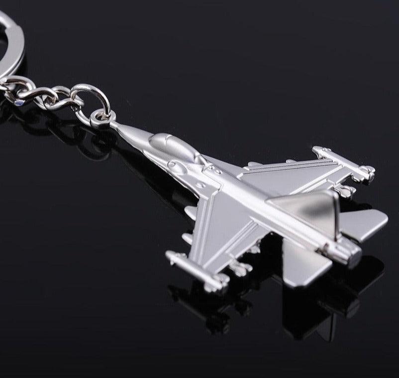 Metal keychain in the shape of an F16 airplane - One Beast Garage